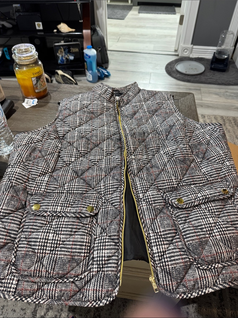 Plaid Quilted Women's Vest with Gold-Tone Zipper